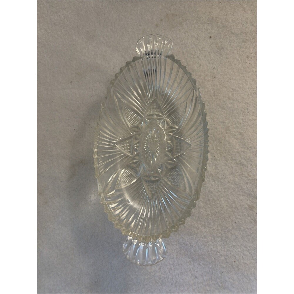 Vintage 1930s Hazel Atlas 573 Crystal Cut Glass Oval Relish Dish Handles Bowl